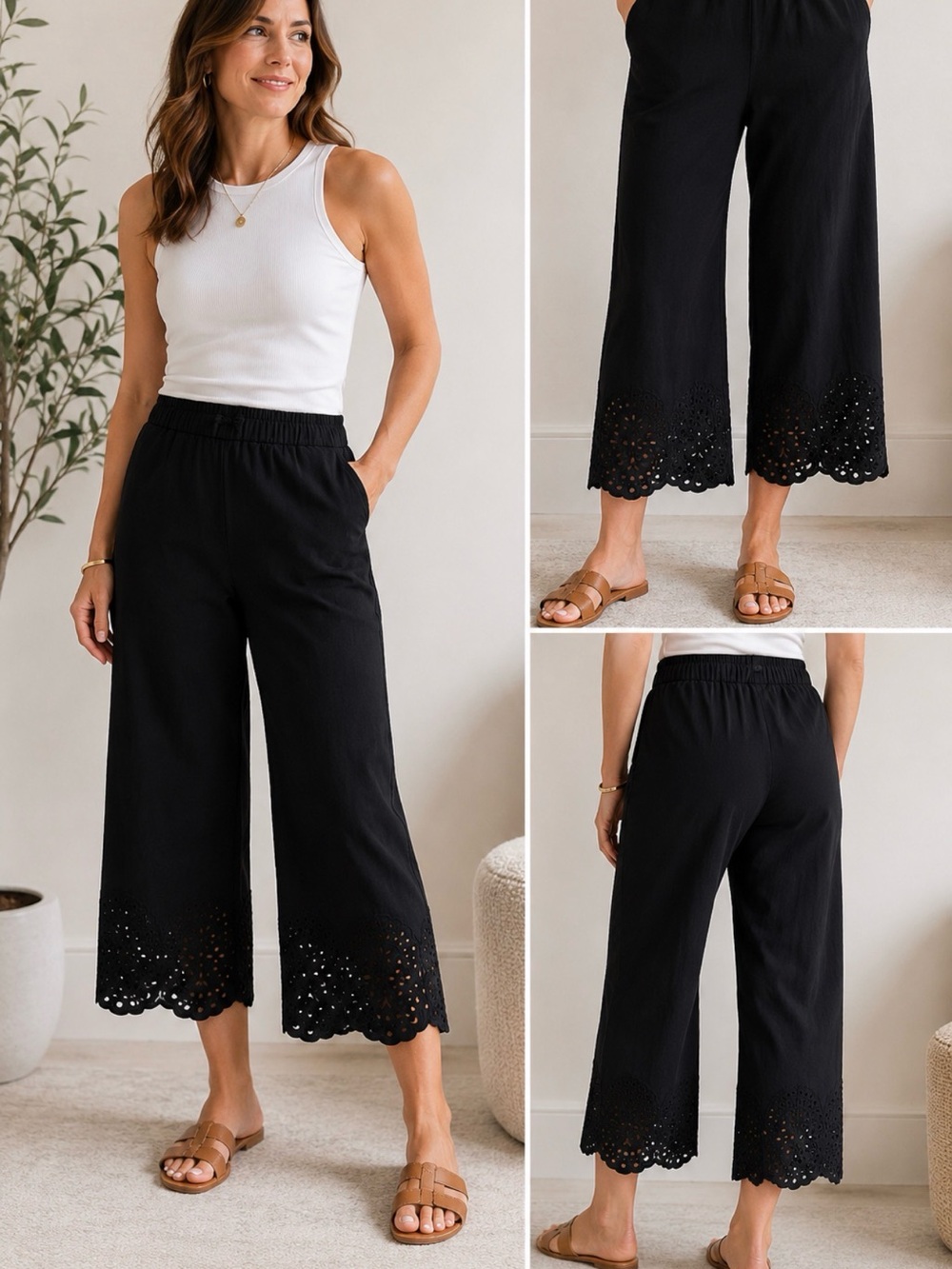 Melanie Lyne Black Pull-On Eyelet Hem Cropped Wide Leg Pants | Size 12